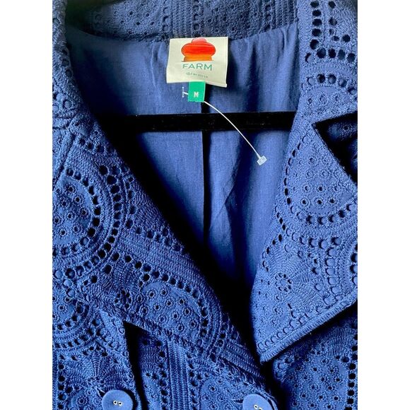 New FARM Rio Navy Blue Pineapple cotton eyelet trench coat size Medium - Picture 7 of 10